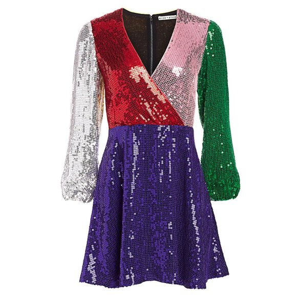 Alice + Olivia Blaze Colorblock Sequin Mini Dress Puff Sleeve Wrap Fit and Flare - Picture 3 of 12